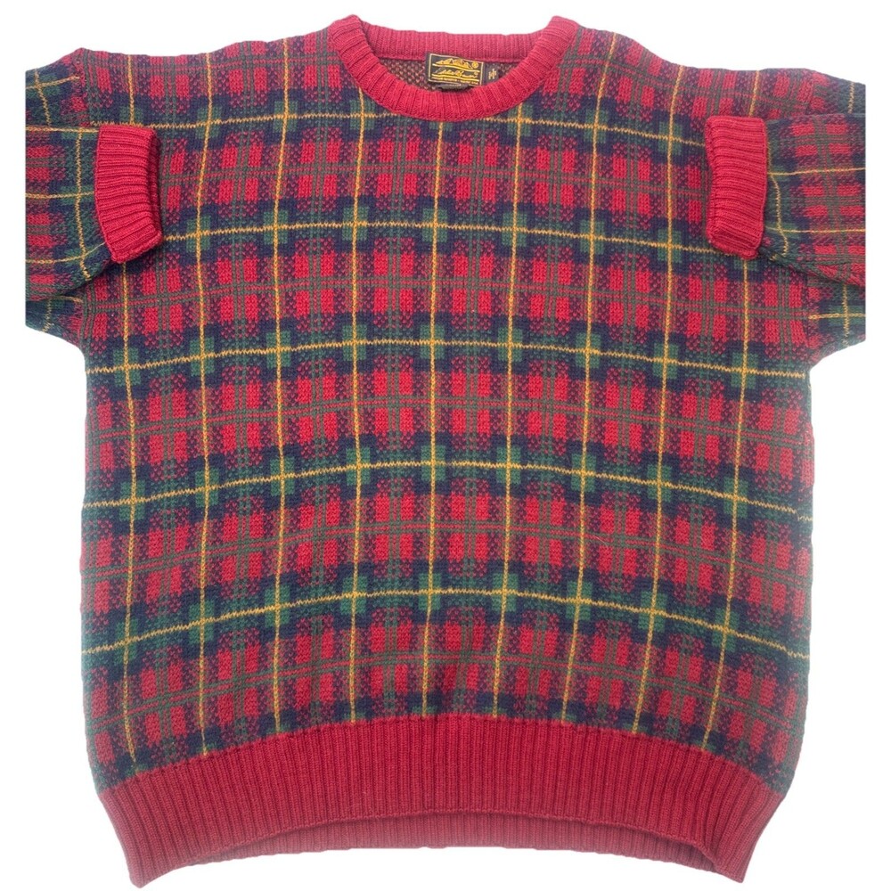 VTG Eddie Bauer Mens Red Plaid Long Sleeve Wool Sweater Size Men’s XLMade in USA - Picture 5 of 8